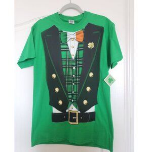 Men's LUCKY Leprechaun Irish Green Vest & Bow Tie Graphic T-Shirt MEDIUM BNWT